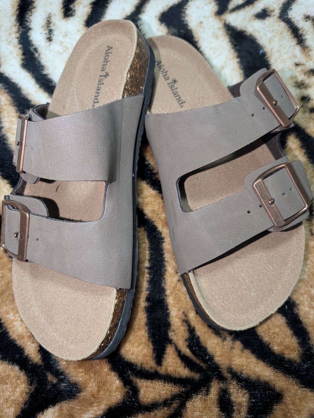 Aloha Island Brown Double-Buckle Slide Sandals
